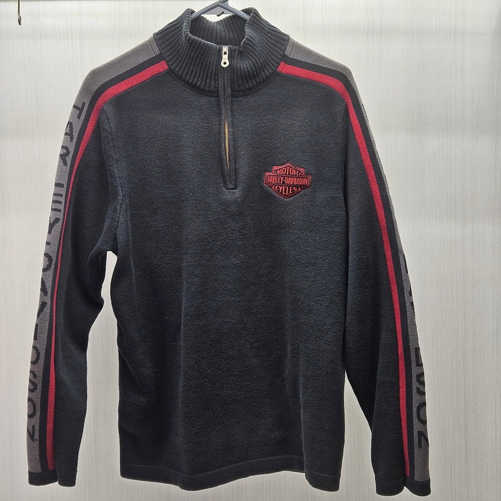Harley-Davidson Mens Black Cotton 1/4 Zip Sweater Logo Sleeve Stripe Large L